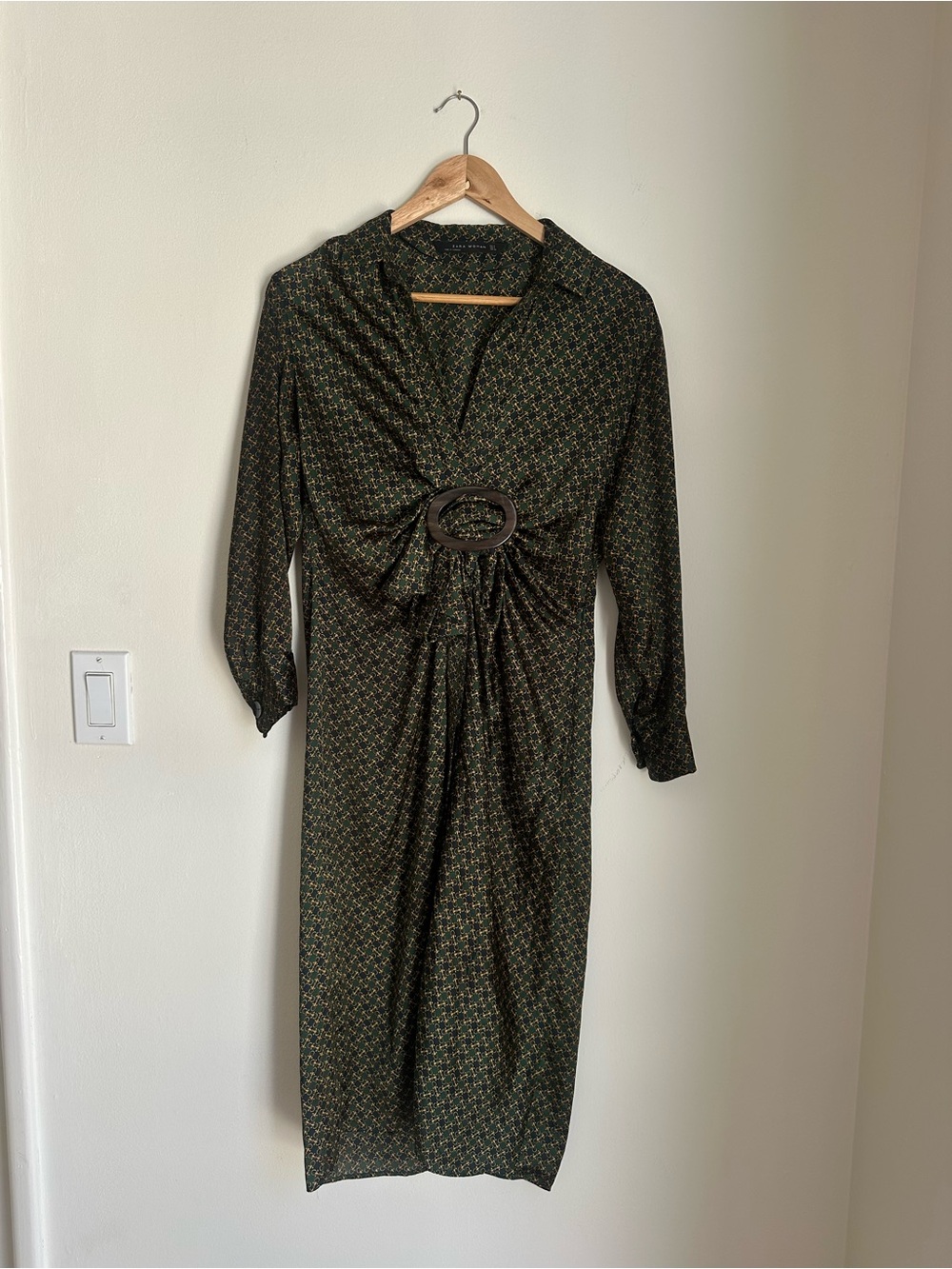 Zara Olive Green Printed Midi Dress with Twist Detail